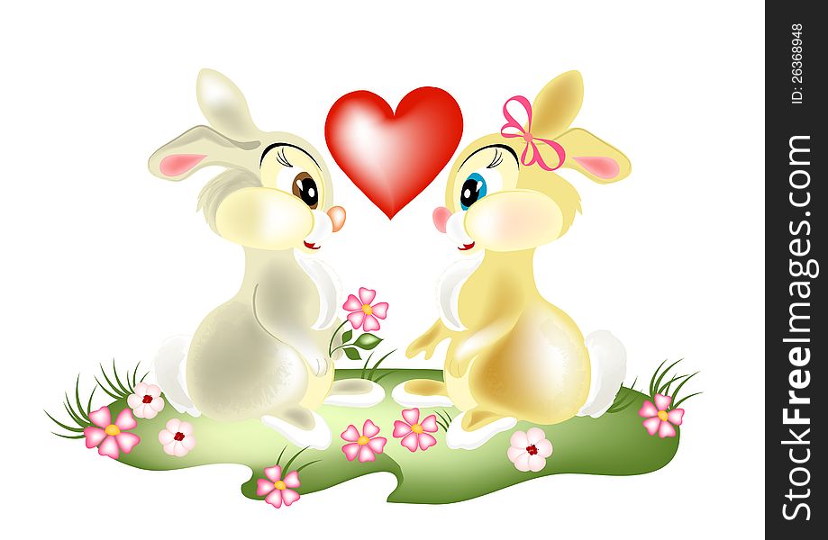 Pretty couple cartoon rabbits fall in love. Fluffy cartoon hares. Pretty couple cartoon rabbits fall in love. Fluffy cartoon hares