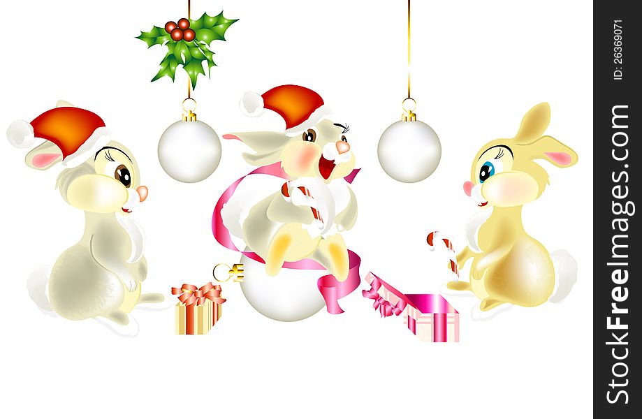 Fluffy cartoon hares, holyday, Christmas. Fluffy cartoon hares, holyday, Christmas