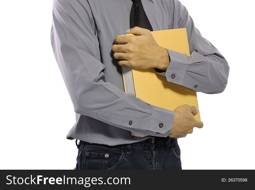 Business man holding book in his torso isolated over white background