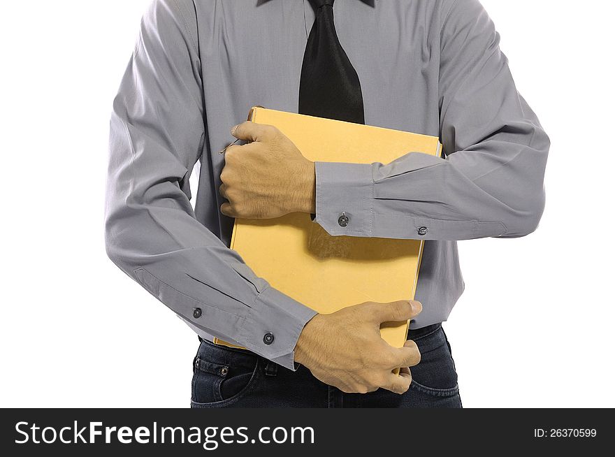 Business man holding book in his torso isolated over white background