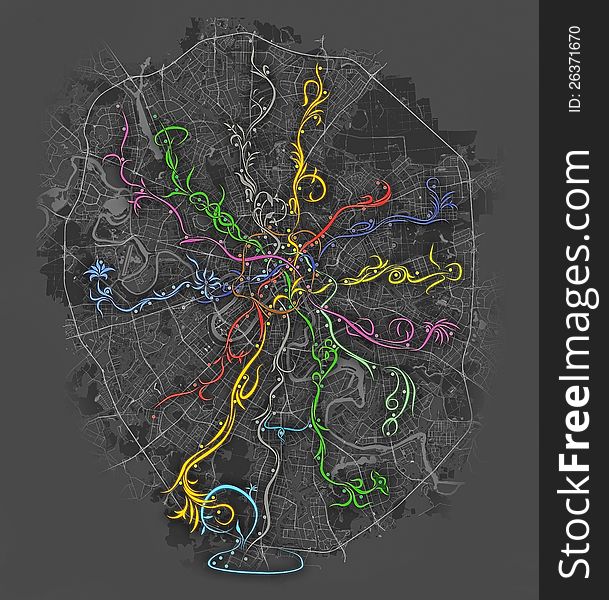 Fancy metro map of Moscow on black background