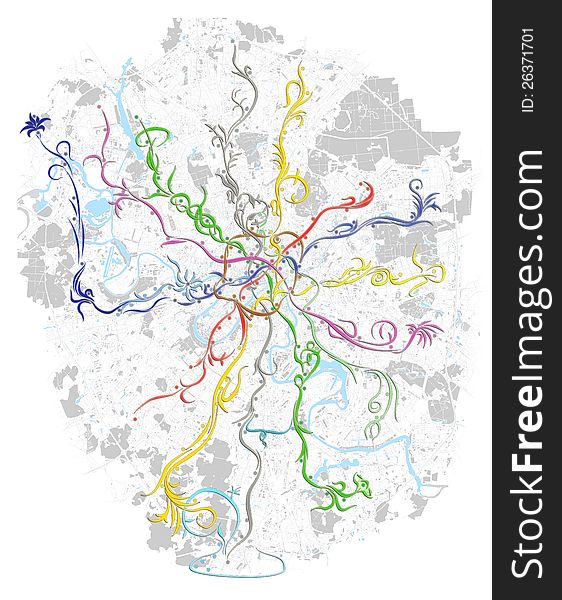 Fancy metro map of Moscow on black background