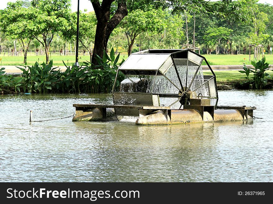 Aerator for water treatment in the park. Aerator for water treatment in the park