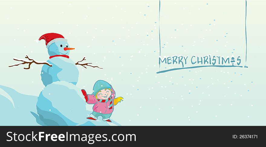 Christmas greeting card snowman and litlle girl