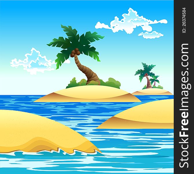 Illustration scene of small coconut island with blue sky as a background