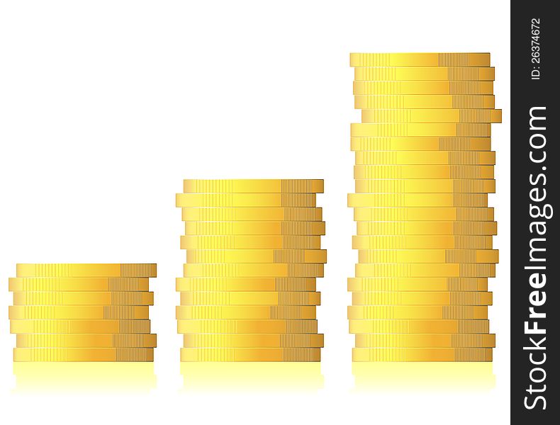 Business graph of gold coins growing on white background. Business graph of gold coins growing on white background