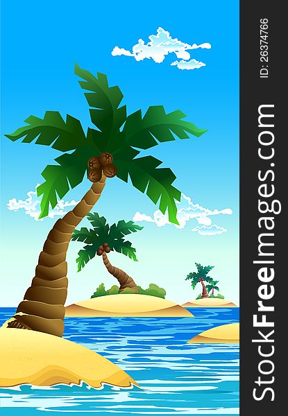 Illustration scene of small coconut island with blue sky as a background