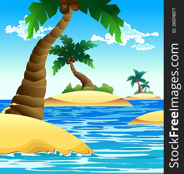 Illustration scene of small coconut island with blue sky as a background