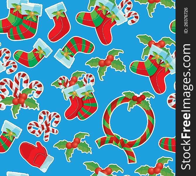 Blue christmas wrapping paper with red green stripes sock,candy,berry, and glove. Blue christmas wrapping paper with red green stripes sock,candy,berry, and glove