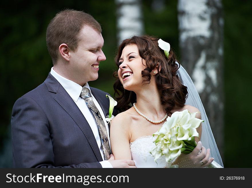 Portrait bride and groom on wedding walk