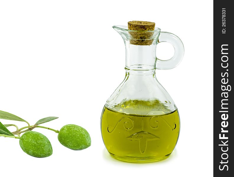 Green olives and bottle of olive oil isolated on white background