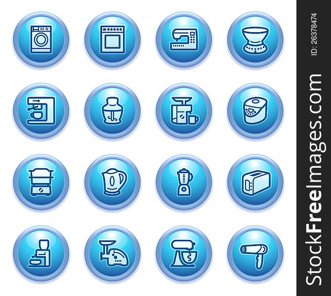 Home appliances icons on blue buttons, set 2.