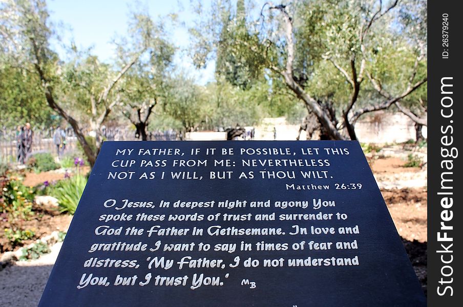 Marble slab with the words of the prayer of Jesus Christ before his arrest, Gethsemane, East Jerusalem