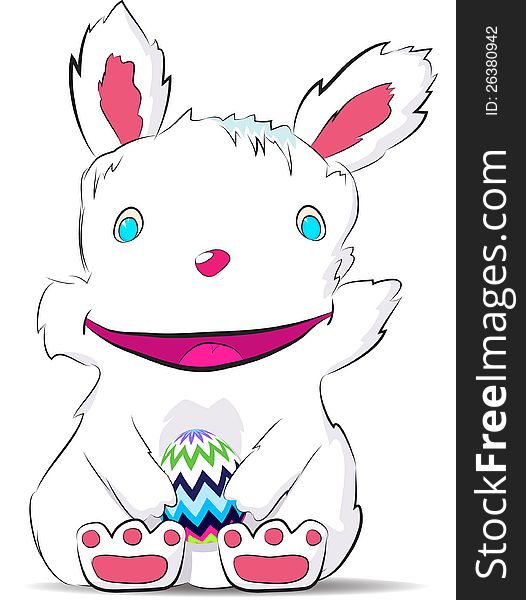 Sitting and smiling easter rabbit drawn by hand holds the egg