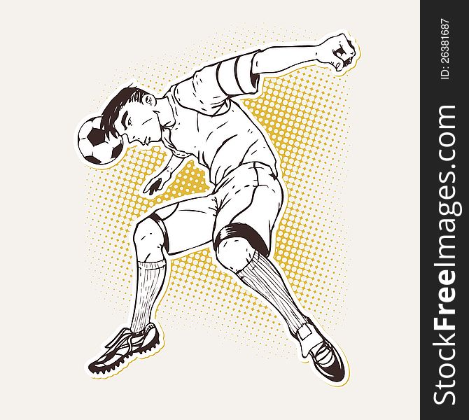 Black and white illustration of soccer player heading the ball