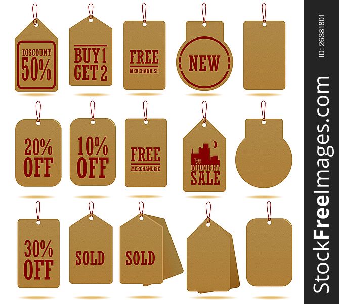 An set of rounded brown craft paper hang tag with red texts