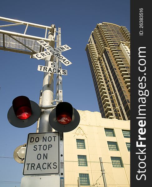 San Diego railroad crossing for public transit. San Diego railroad crossing for public transit