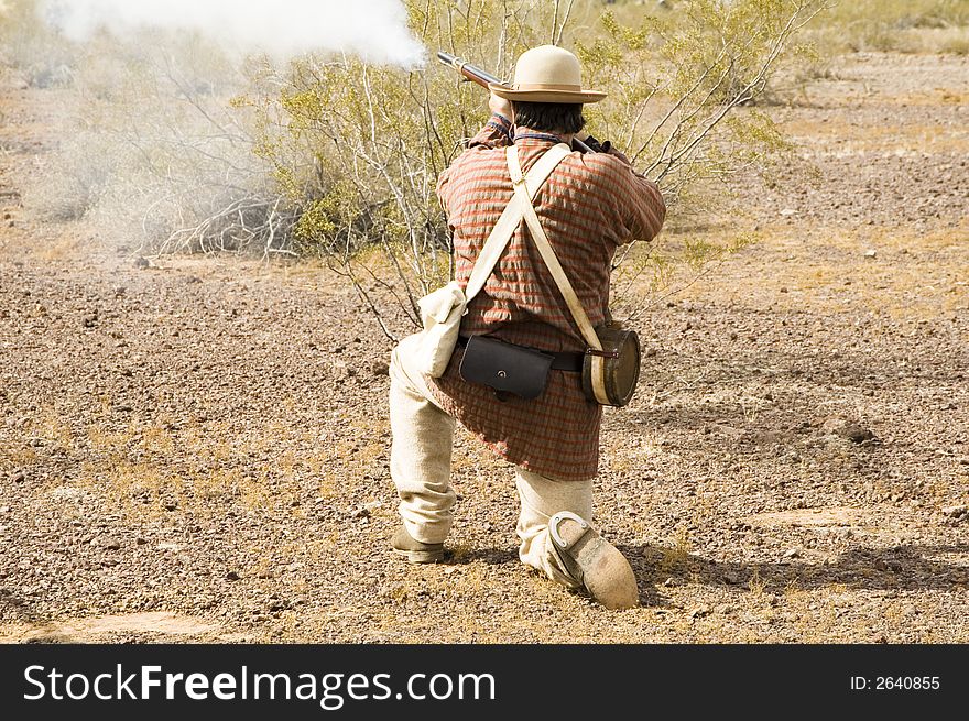 Shooting action during a civil war reenactment at Picacho Peak State Park, Arizona,. Shooting action during a civil war reenactment at Picacho Peak State Park, Arizona,