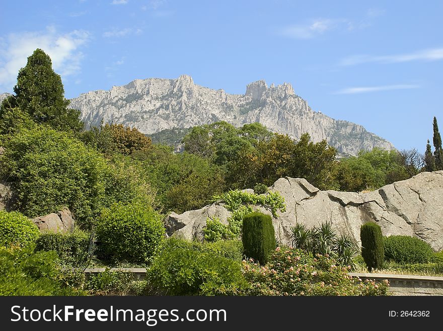 Crimean mountains with effective vegetation in the foreground