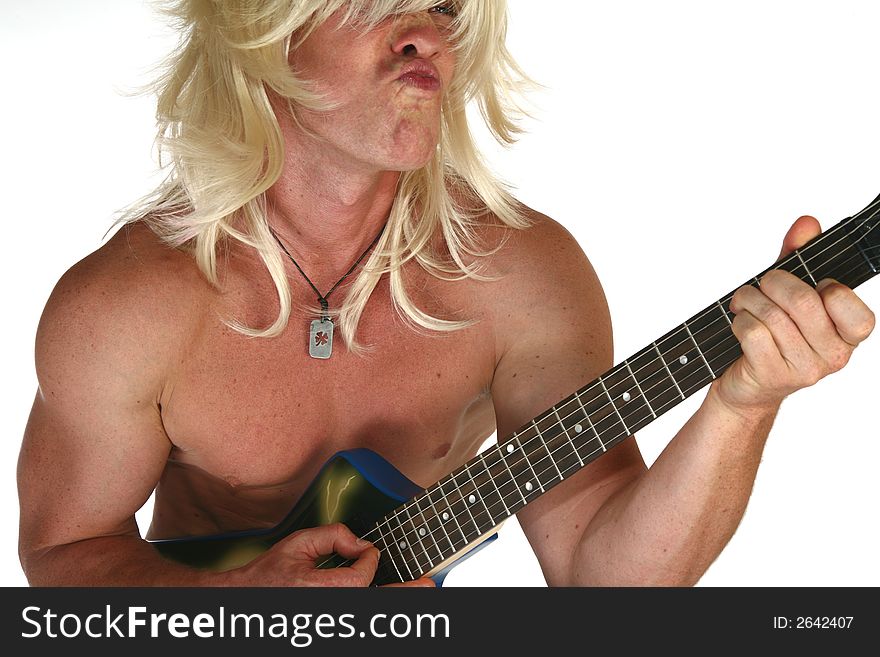 Man with long blonde hair playing guitar over white. Man with long blonde hair playing guitar over white.