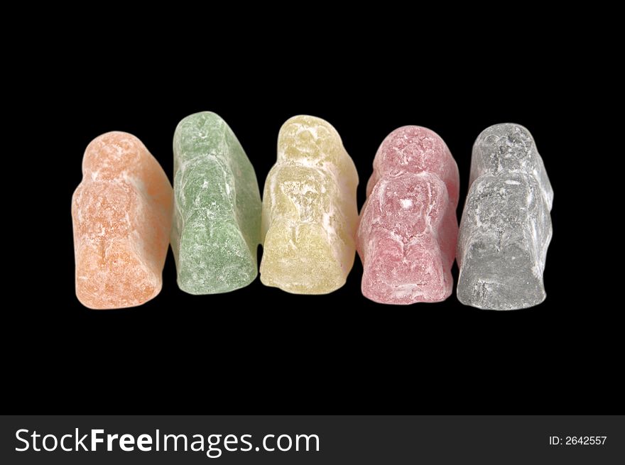 5 colorful jelly candy pieces on a black background. Has clipping path. 5 colorful jelly candy pieces on a black background. Has clipping path