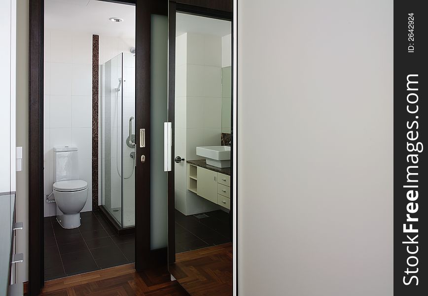 Master bathroom with timber door. Master bathroom with timber door