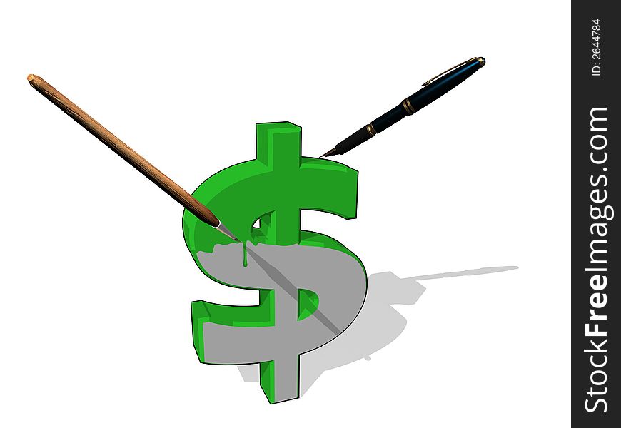 Symbol of a dollar with paintbrush and pen. 3D CG. Symbol of a dollar with paintbrush and pen. 3D CG.