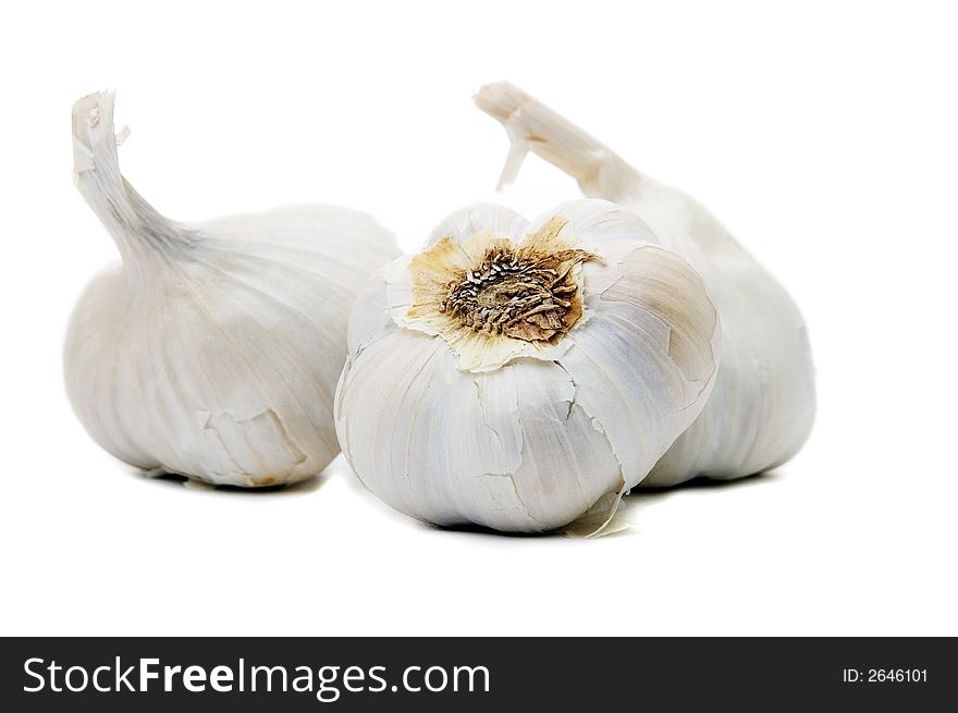 Three garlic bulbs showing the base or root area on a white background
