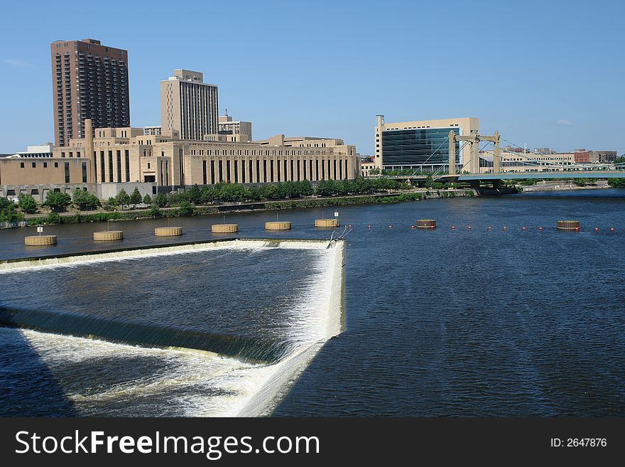 A picture of Minneapolis waterpower in the downtown area. A picture of Minneapolis waterpower in the downtown area