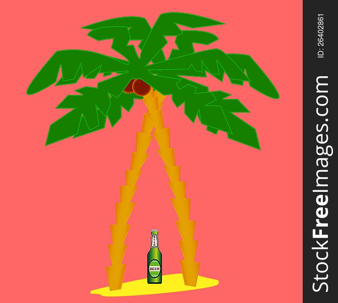 Two palm trees and beer on a red background