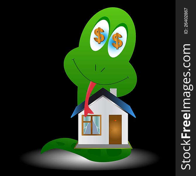 Snake and the house on a black background. Snake and the house on a black background