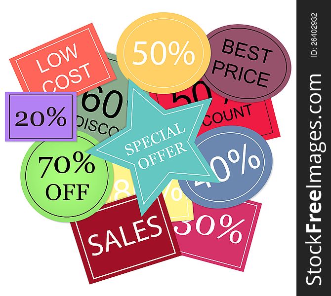 Background with colorful discount tags over white.