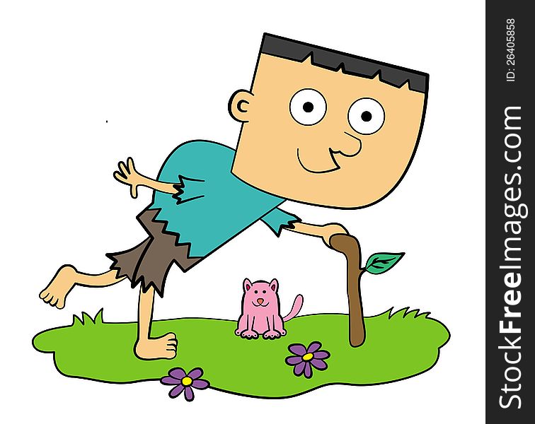 A funny looking hunchback walking with a branch as support, and a cat is smiling at him. A funny looking hunchback walking with a branch as support, and a cat is smiling at him