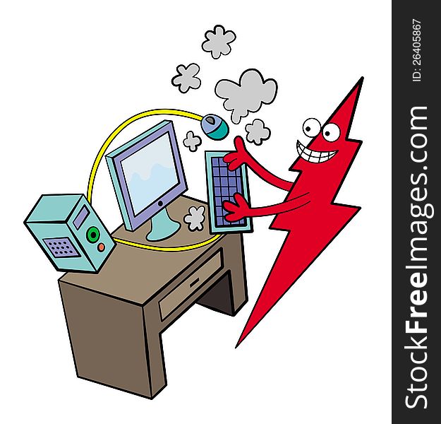 A lightning bolt with a face and hands encoding very fast on a computer keyboard, smokes coming out from the keyboard. A lightning bolt with a face and hands encoding very fast on a computer keyboard, smokes coming out from the keyboard