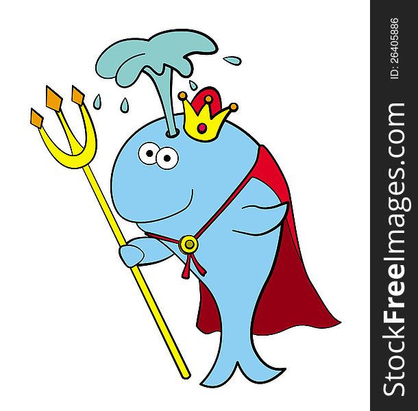 Illustration of a cute cartoon whale with a crown and a trident. Illustration of a cute cartoon whale with a crown and a trident