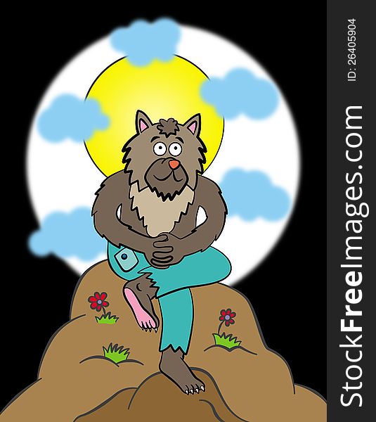 A happy werewolf relaxed and sitting on a rock with the moon on it's background