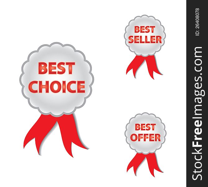 Best choice, offer and seller labels with ribbon. Vector.