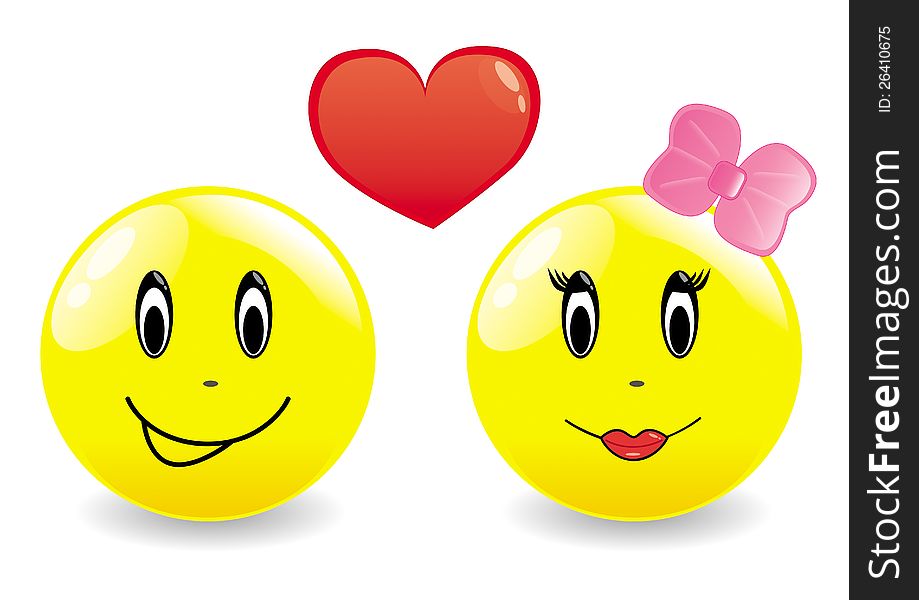 Two fun yellow smiles, heart, boy and girl in love. Two fun yellow smiles, heart, boy and girl in love