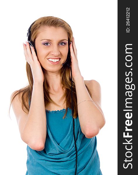 Girl listening to the music isolated on white background