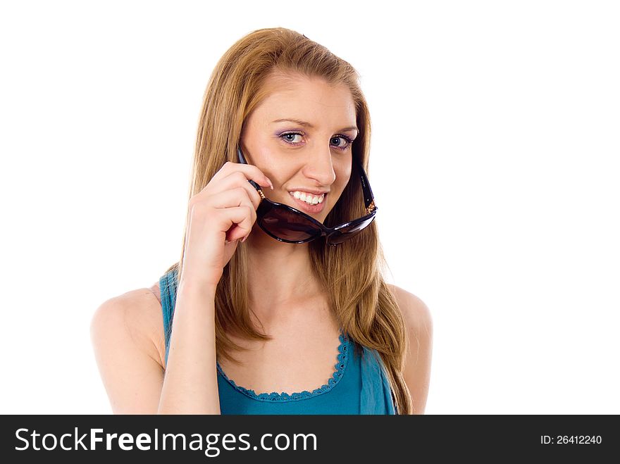 The girl and her sunglasses isolated on white background