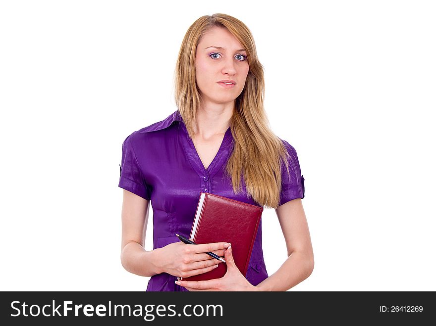 The girl keeps a book isolated on white background