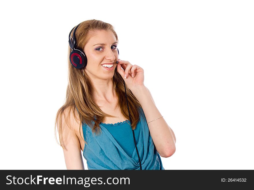 The girl in the headphones listening to the music