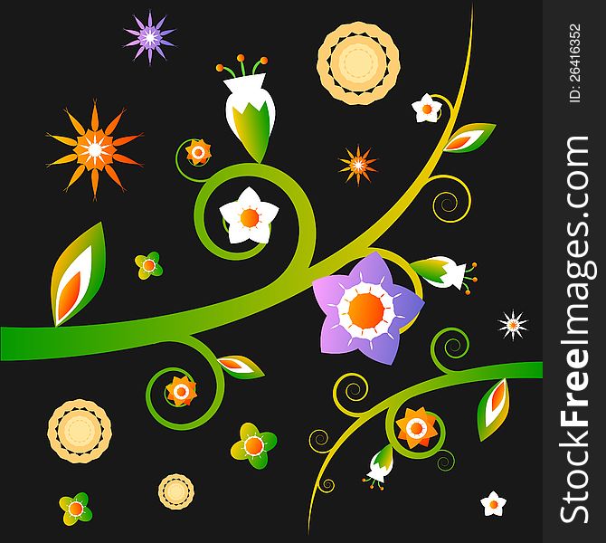Beautiful colorful vector background of flowers on green branches on a black background. Beautiful colorful vector background of flowers on green branches on a black background