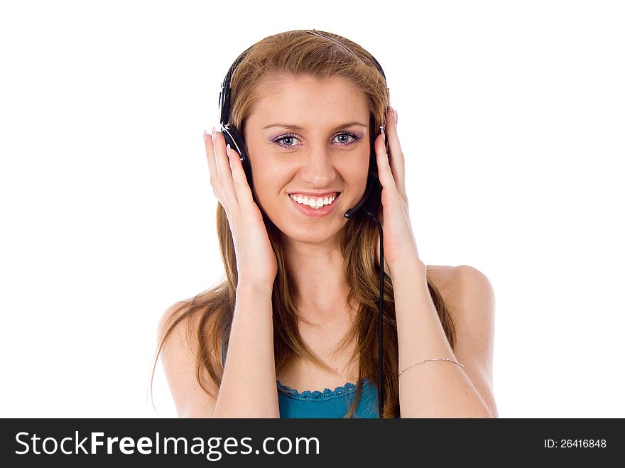 Beautiful girl listening to the music isolated on white background