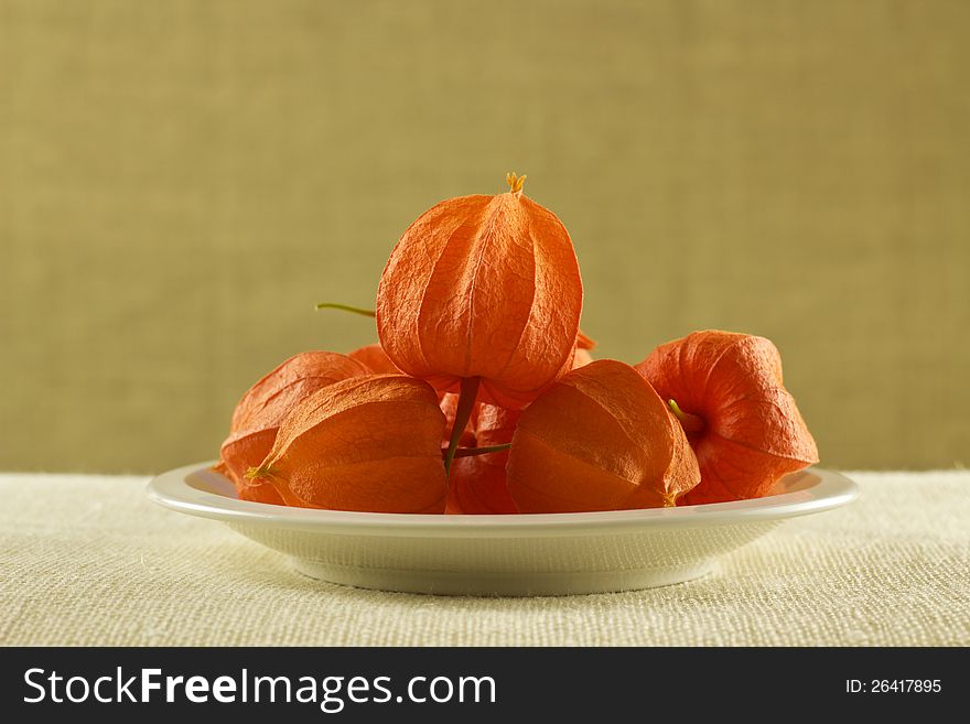 Heap of orange fruits on white plate with hard material on background. Heap of orange fruits on white plate with hard material on background