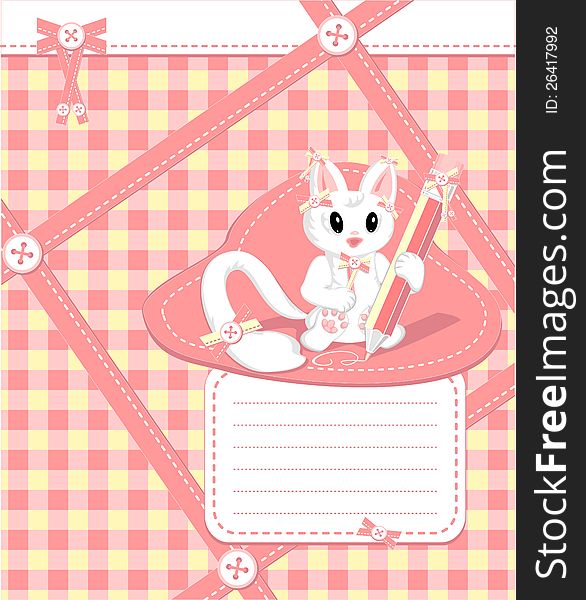 Copybook with cat pencil bows buttons tapes in cell