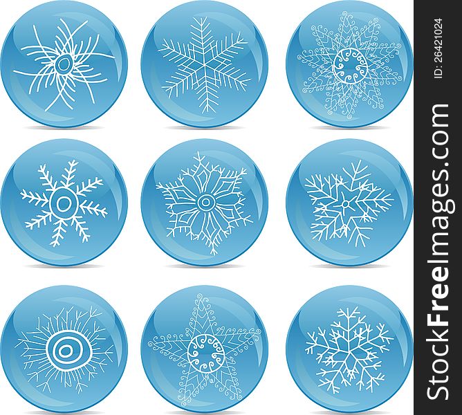 Christmas buttons with winter snowflakes, set. Christmas buttons with winter snowflakes, set.