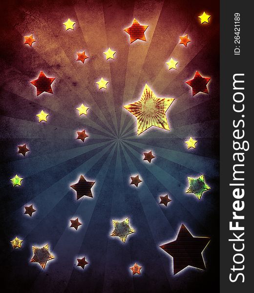 Illustration of grunge background with colorful stars and rays. Illustration of grunge background with colorful stars and rays.