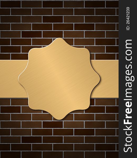 Illustration of abstract golden plate on brick wall background.