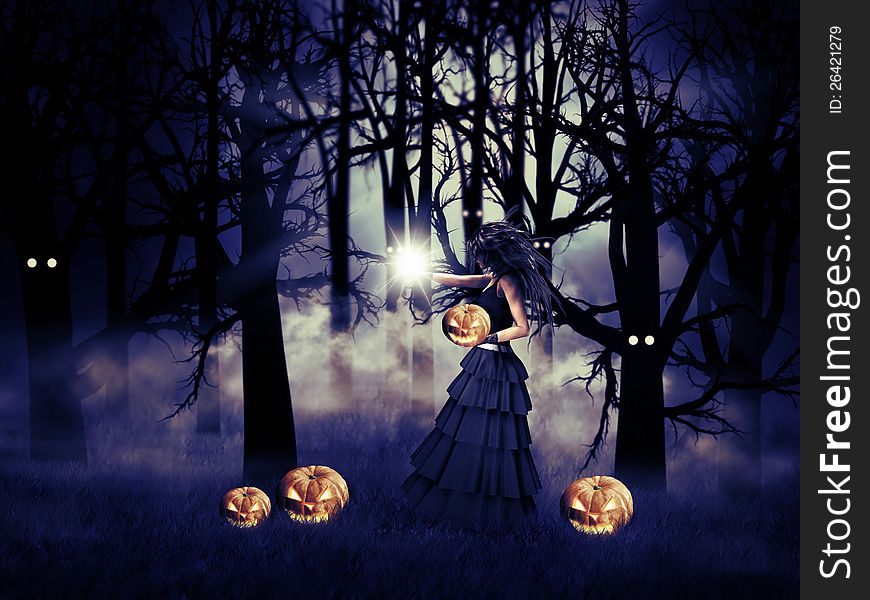 Illustration of Halloween witch with pumpkin in the dark forest.